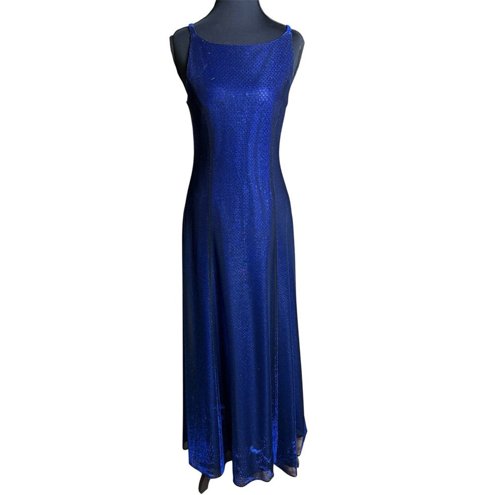 Y2K VTG Betsy Adam Jaslene Maxi Dress Gown Blue Mesh Metallic Shimmer Sz 8 - Picture 2 of 10